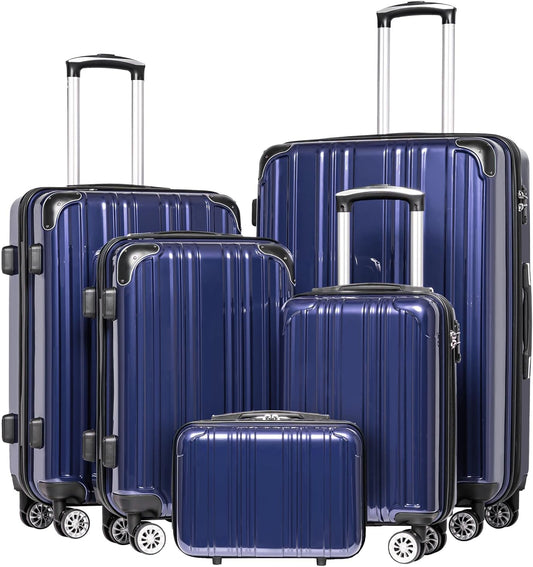 Coolife Luggage Expandable 5 Piece Sets PC+ABS Spinner Suitcase 20 inch 24 inch 28 inch (navy new)