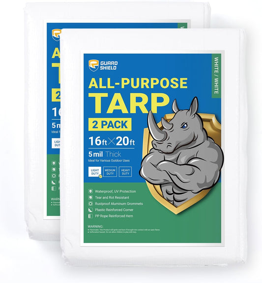 GUARD SHIELD Tarp White 16x20 Feet Multi Purpose Waterproof Poly Tarp Cover 5mil (2-Pack)