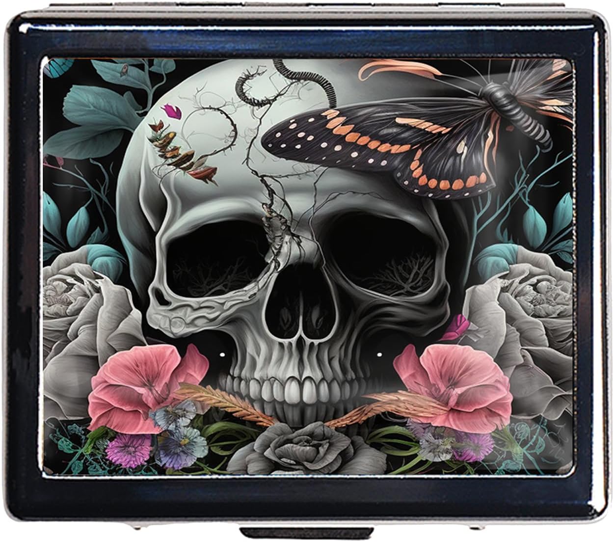 Silver Vintage Pill Box 7 Day Metal Pill Box with Mirror and 8 Compartments Cute Travel Pill Organizer for Purse (Butterfly Bush Skull)