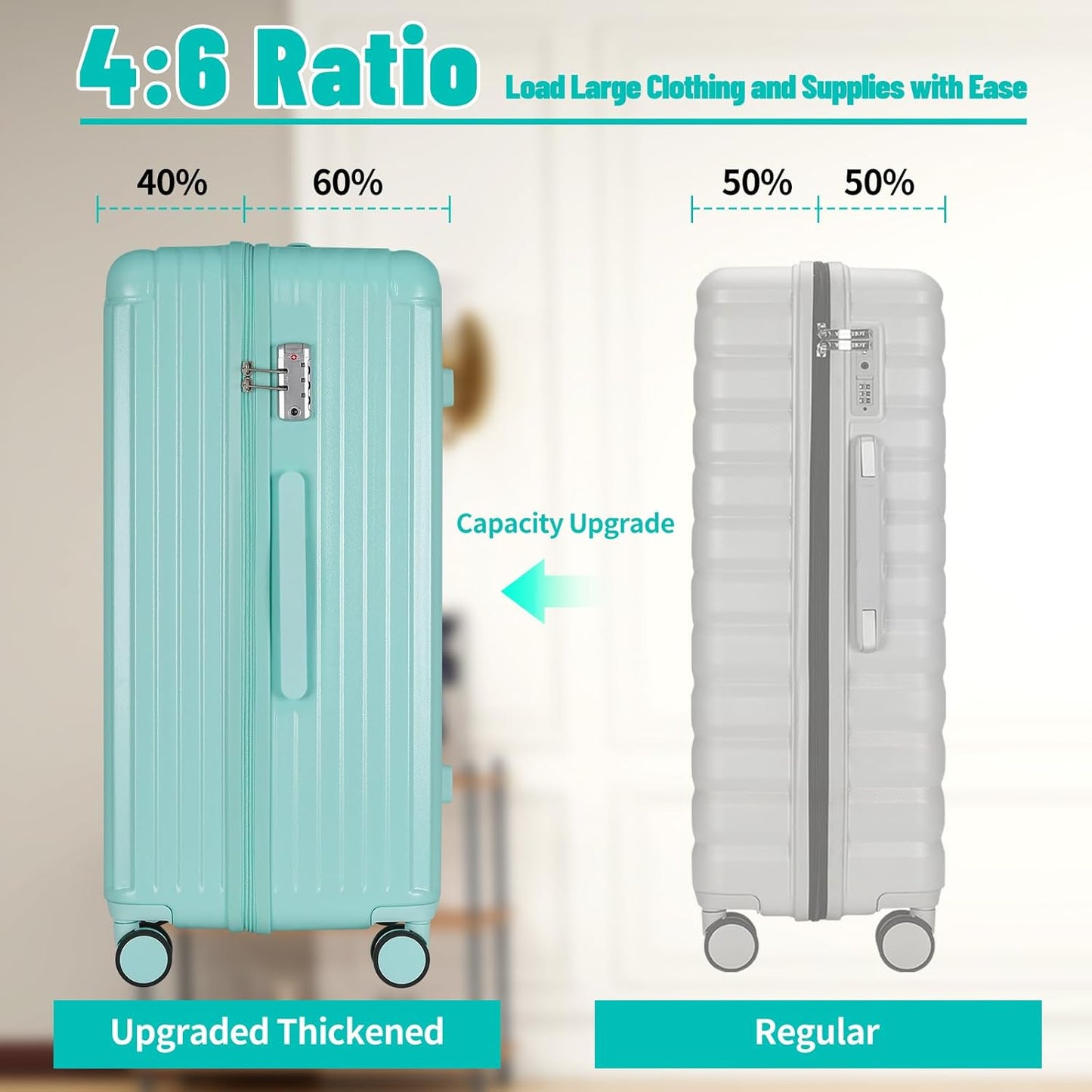 Carry-on 20 Inch and 28 Inch Square Thickened ABS+PC Hard Shell luggage, 2-Piece Suitcase Set with TSA Lock & Dual Zipper Mesh Inner Layer Design, Mint Green