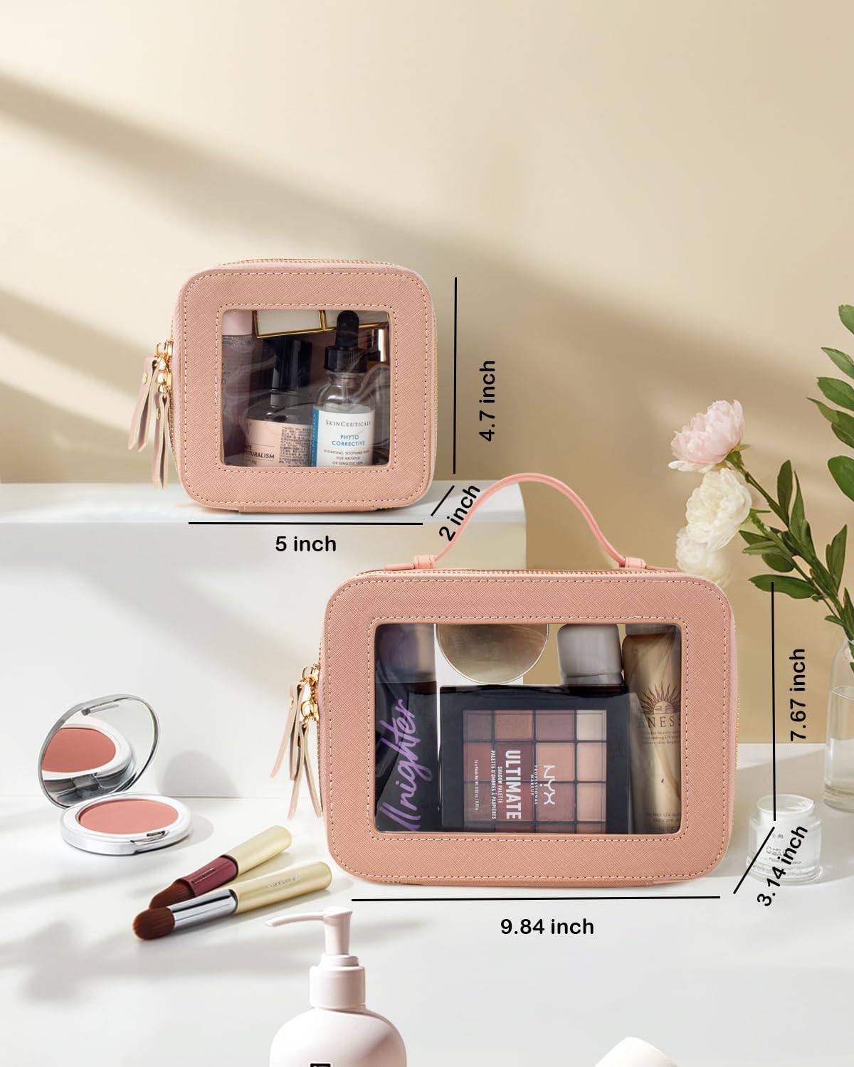 Travel Clear Makeup Bag Set, TSA Approved Cosmetic Bag Case with Zipper Portable Makeup Pouch Toiletry Bag Women Traveling Cosmetic Organizer Storage Bag Car Organizer Car Essentials for Women