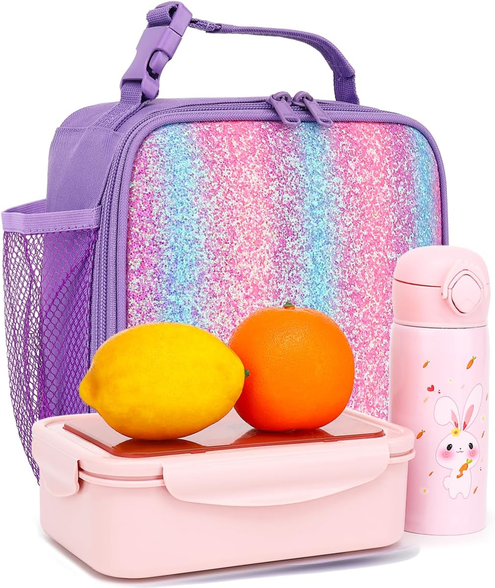 FlowFly Lunch box Insulated Soft Bag Mini Cooler Back to School Thermal Meal Tote Kit for Girls, Boys,Purple#Glitter