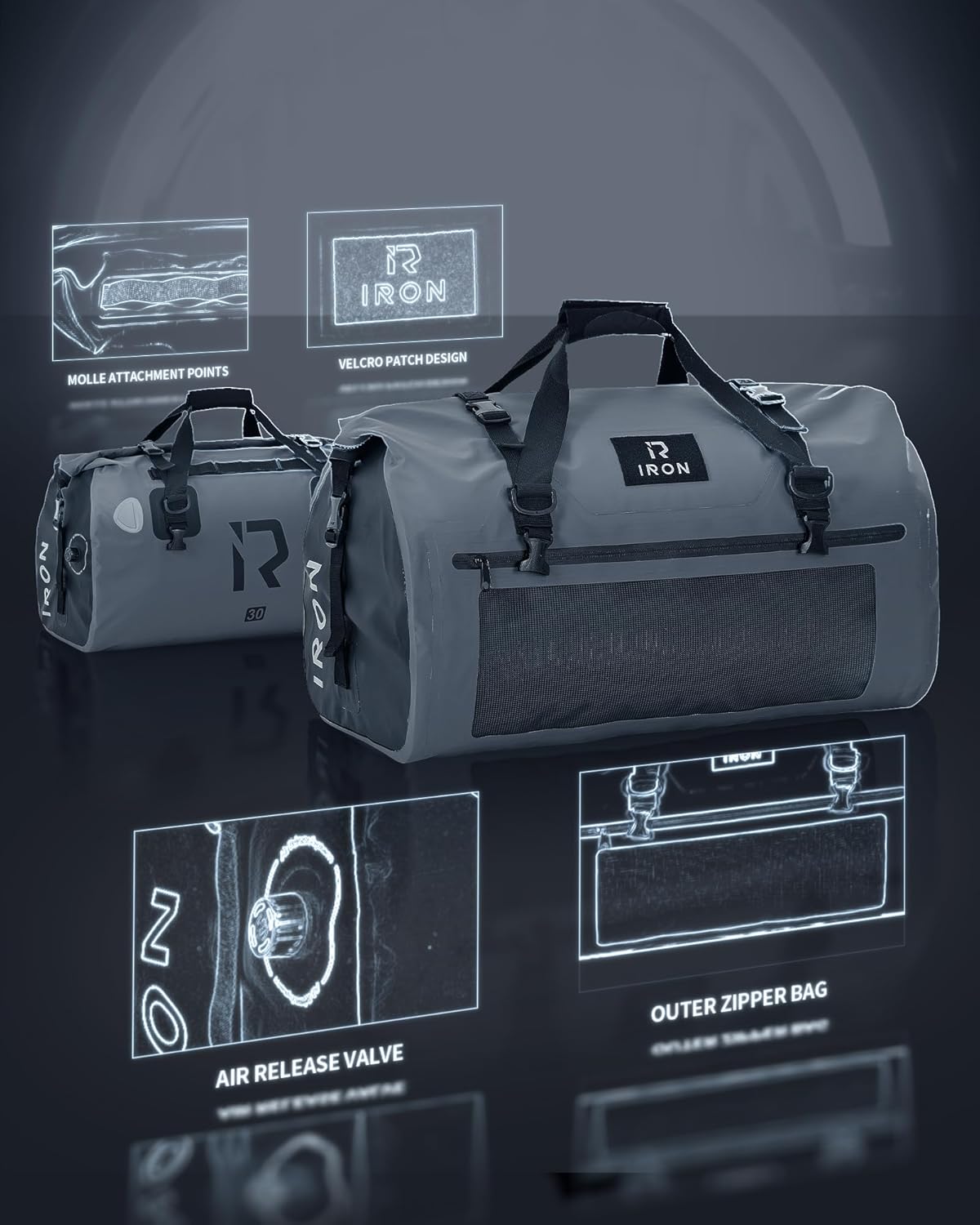 IRON JIA'S Motorcycle Dry Bag - Waterproof Duffle & Luggage Tail Bag Saddle Bags with Roll Top Closure, Shoulder Straps, Inner Pocket and Mesh Pocket (Grey, 30L)