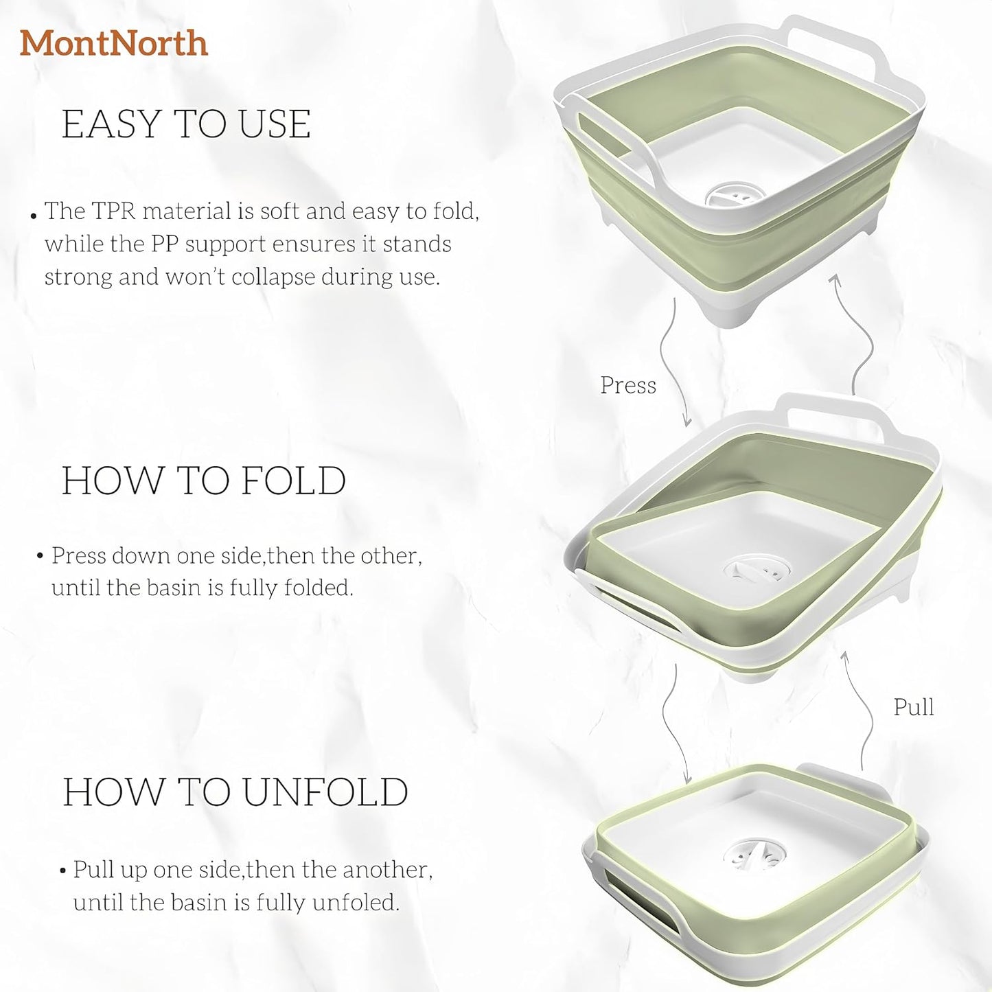 Collapsible Wash Basin 9L, Foldable Dish Tub with Drain Plug, Portable Collapsible Dish Basin, Camping Sink for Washing Dishes, Laundry & Kitchen Use (Green)