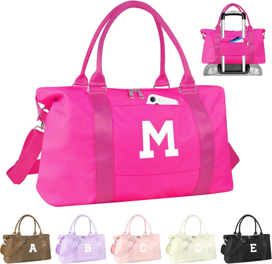 Overnight Bag for Kids Teen Girls Weekender Dance Bag Birthday Graduation Gifts,Initial Travel Duffel Bag Sports Gym Bag Personalized Weekender Bag Carry On Bags Preppy Gifts for Women(Hot Pink, M)