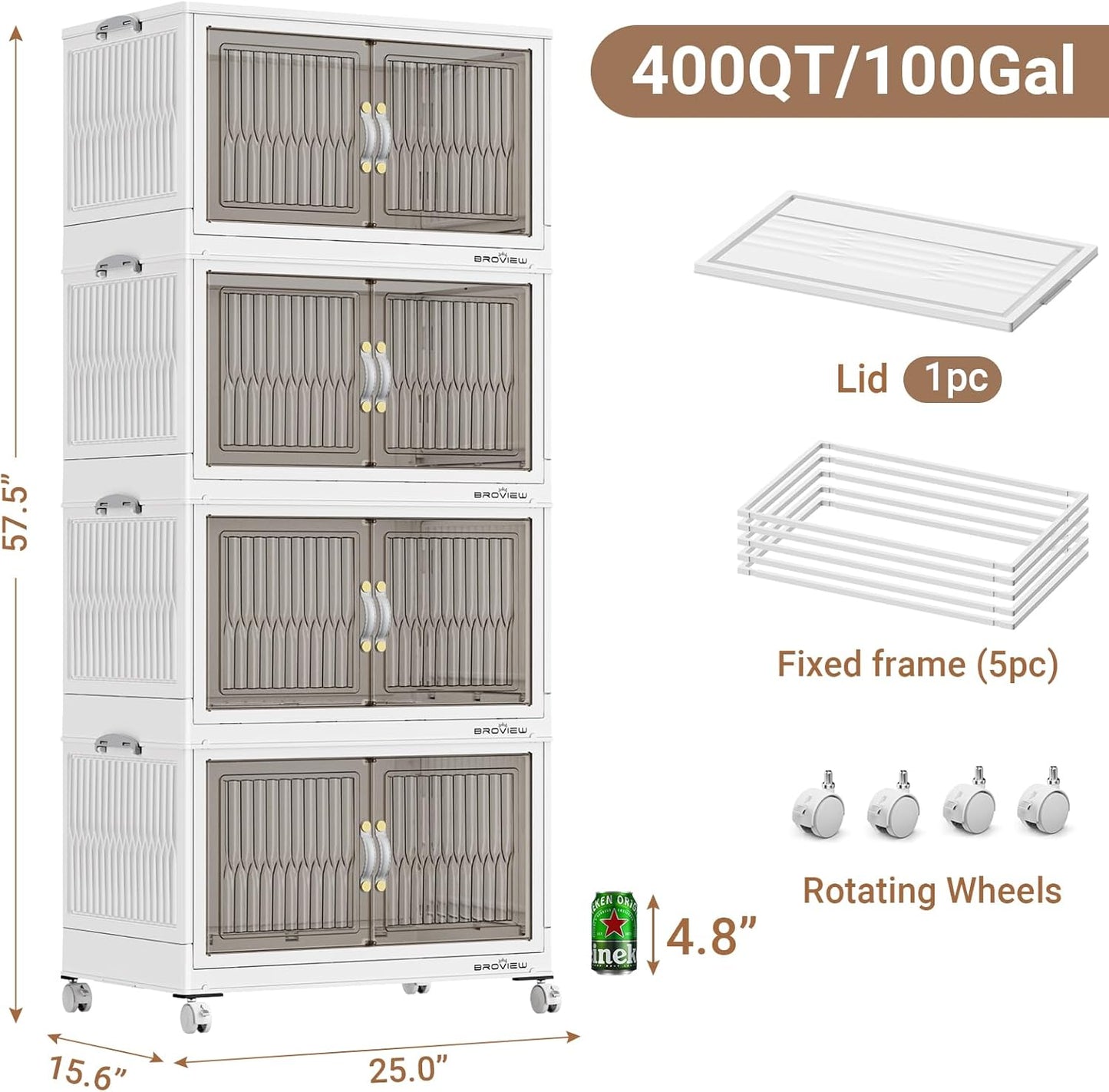 BROVIEW 400Qt Stackable Storage Bins with Lid, Extra Large Closet Organizer Collapsible Drawer Boxes with Wheels, Folding Plastic Cabinet Containers for Home Kitchen Room Organization, 4Pack White