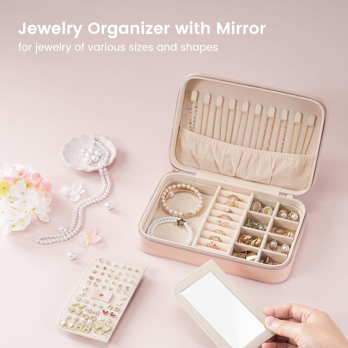 Lolalet Travel Jewelry Case for Women Girls, Travel Jewelry Organizer Box with Mirror & Clear Storage Bag, Small Portable Earring Necklace Bracelet Ring Case, Birthday Christmas Gifts -Medium, Pink