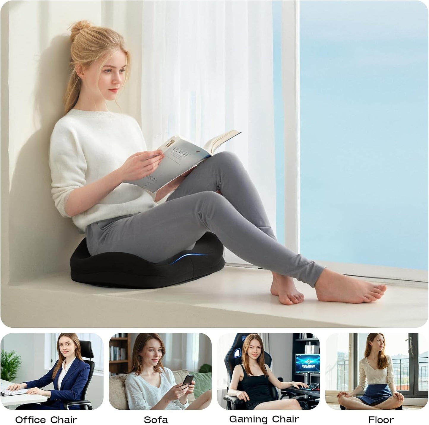Seat Cushions for Office Chairs - Patented Coccyx Cushion for Tailbone Pain - 21.2" W x 16.5" L Extra Large Memory Foam Seat Cushion with Removable Cover