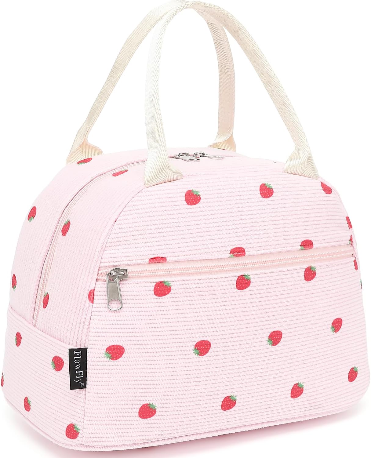 FlowFly Insulated Lunch Bag for Women – Corduroy Lunch Tote Box, Cute Cooler Bag for Work, Travel, Picnic,Corduroy Strawberries Pink