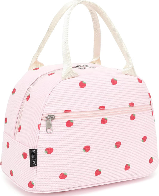 FlowFly Insulated Lunch Bag for Women – Corduroy Lunch Tote Box, Cute Cooler Bag for Work, Travel, Picnic,Corduroy Strawberries Pink