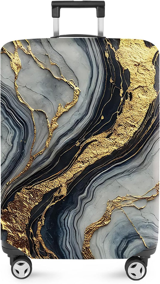 ANNA QUEEN Luxury Marble Gold Luggage Cover, Elegant Black & Grey Suitcase Protector with Faux Gold Vein Design, Stretchable, Washable Spandex Cover for 24-26 Inch Luggage