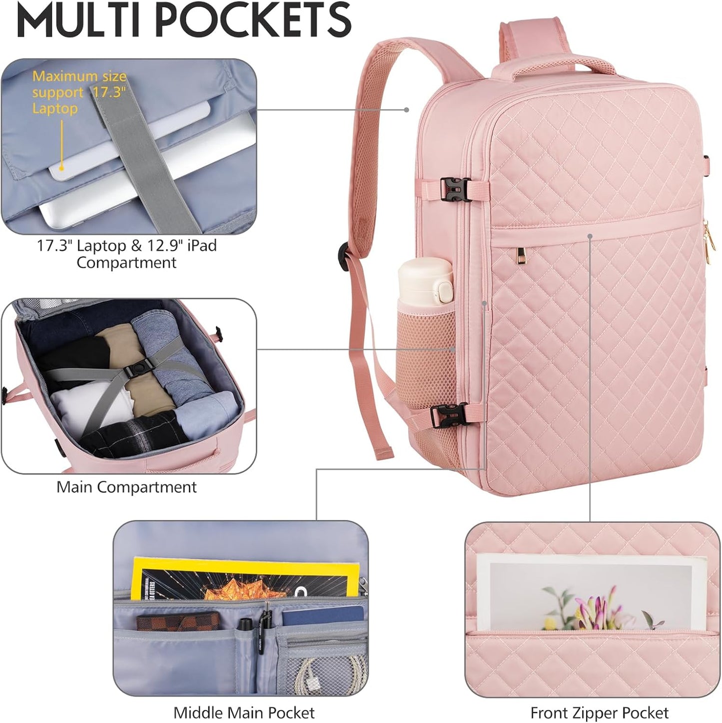 MOMUVO Large Travel Backpack Women, Flight Approved Carry On Backpack, Water Resistant Anti-Theft Large Casual Daypack Fit 17 Inch Laptop with USB Charging Port, Pink