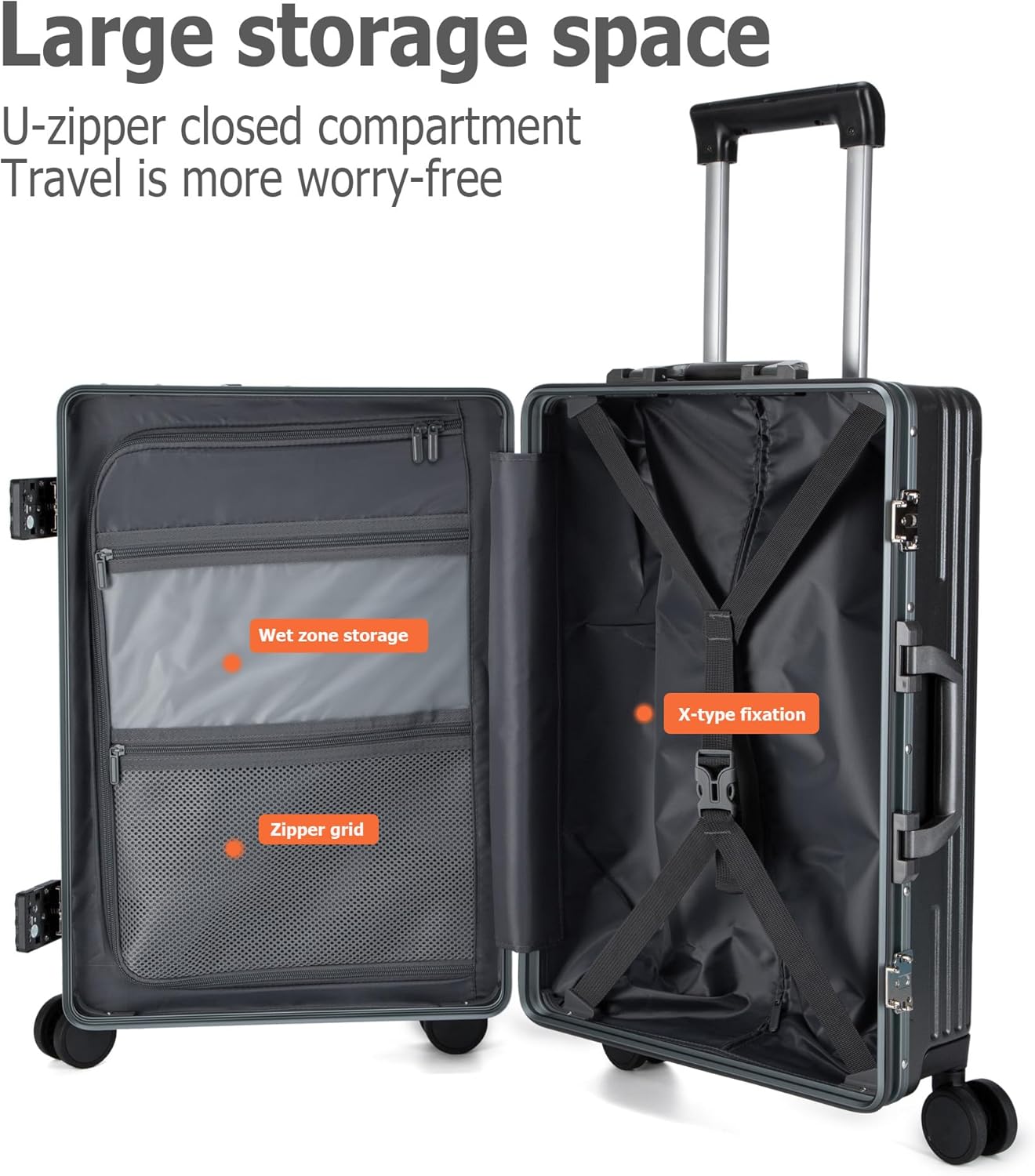 feilario 20in Aluminium Frame PC Hard Shell Spinner Wheels Luggage, Built-In TSA lock Carry on Suitcase, with Cup Holder, USB Port, Phone Holder
