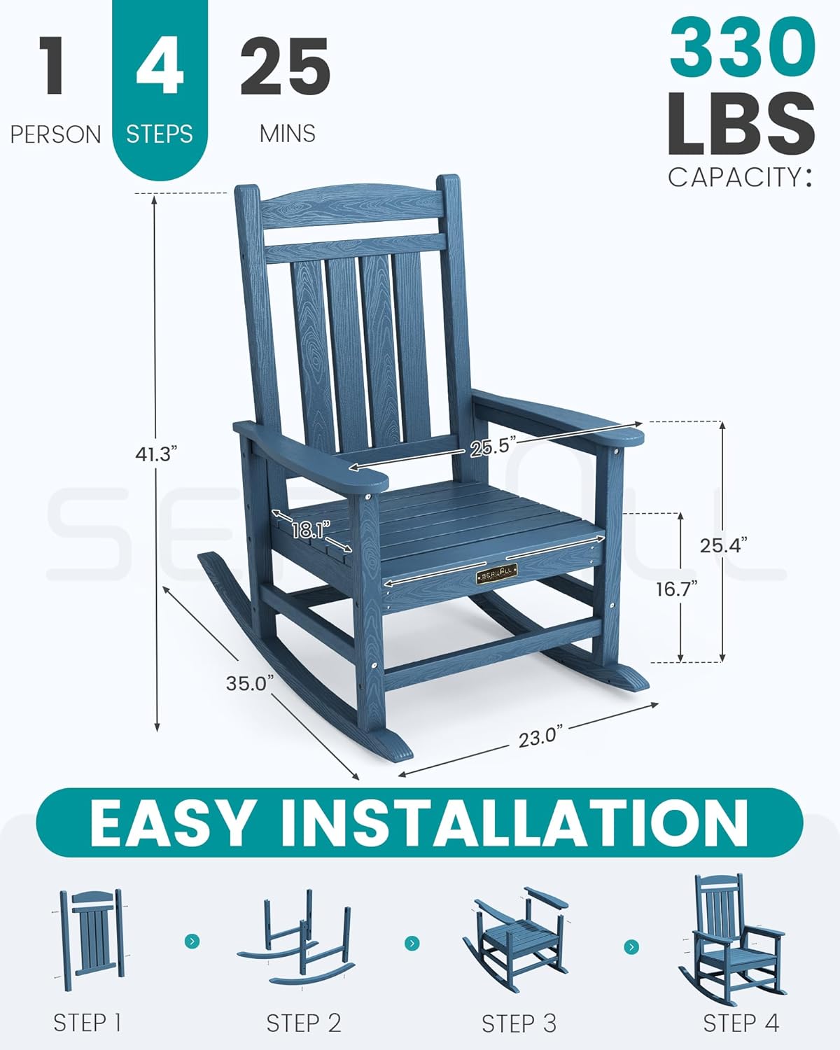 SERWALL Outdoor Rocking Chair, HDPE Patio Rocking Chair All-Weather Porch Rocker for Balcony, Yard, Blue