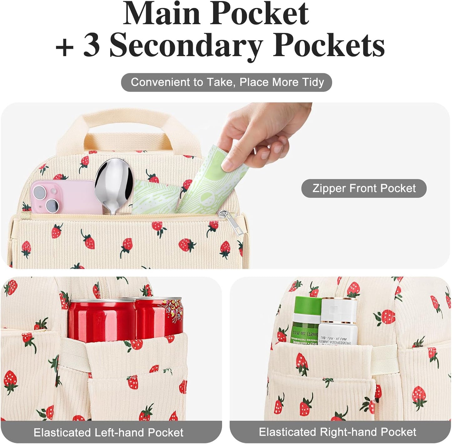 Lunch Bag Lunch Box for Women Adults Men, Cute Strawberry Corduroy Insulated Reusable Work Leakproof Simple Large Lunch Boxes Tote Bag Cooler Bag