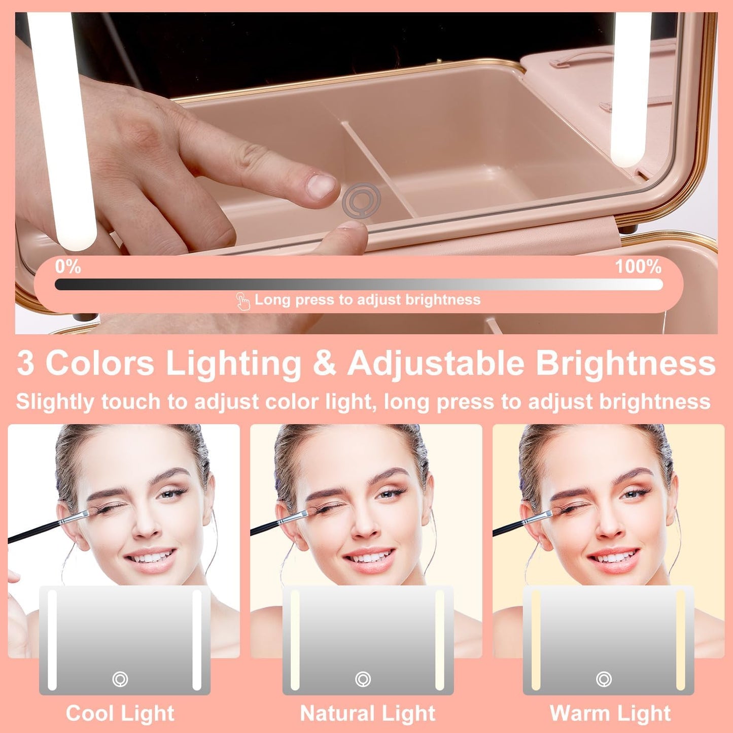Mocado Travel Makeup Case with Lighted Mirror, 8 Makeup Brushes & 10x Magnifying Mirror, Adjustable Brightness Train Case (Pink)