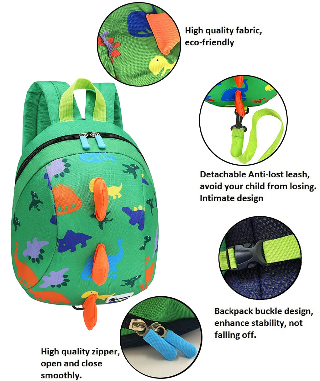 DB Dinosaur Toddler Mini Backpack with Leash, Children Kids Baby Harness Bookbag (Green)
