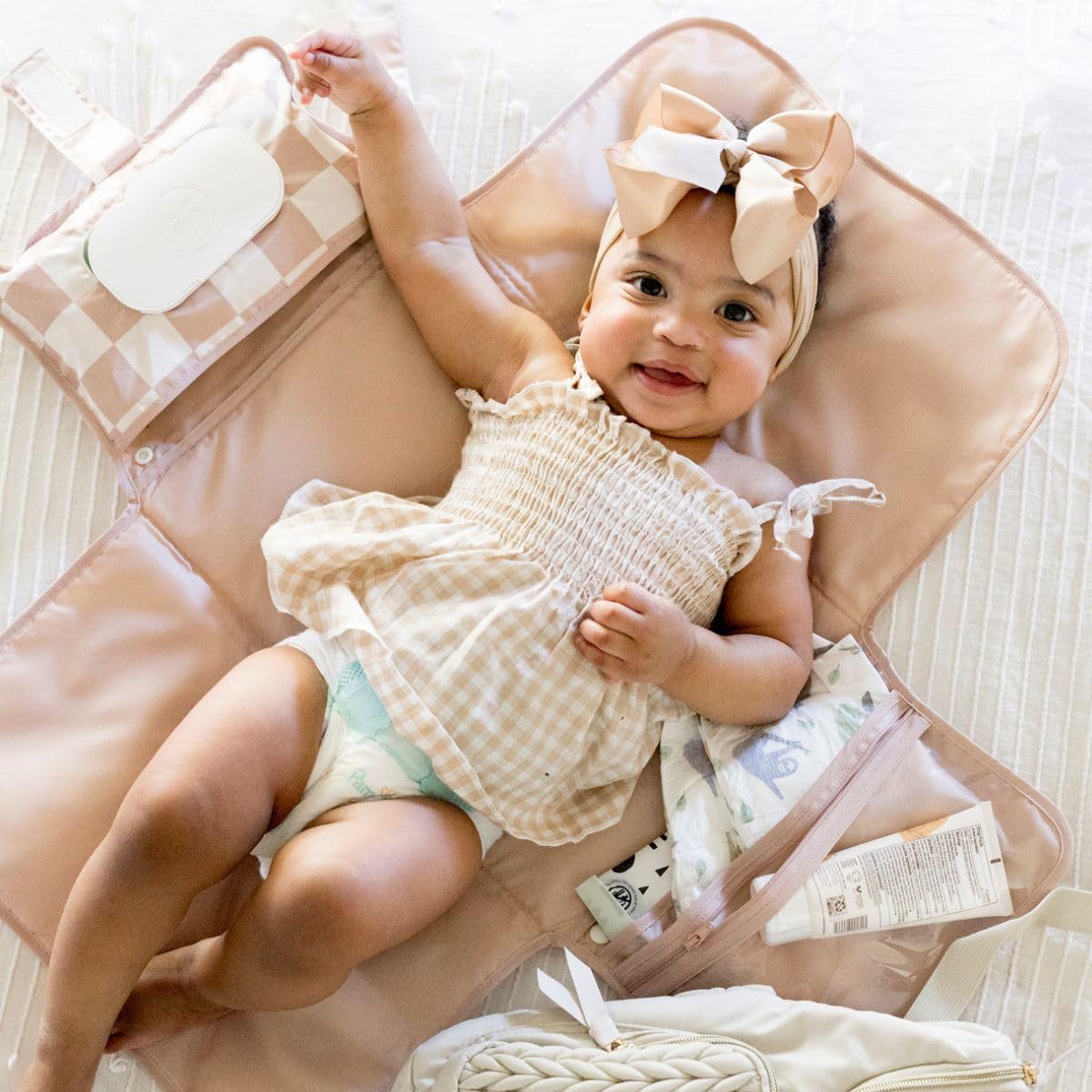Tiny Twinkle Portable Diaper Changing Pad-Foldable Waterproof Changing Mat&Portable Changing Pad for Travel,Baby Changing Station with Smart Wipes Pocket&Storage (Beige Checkers)