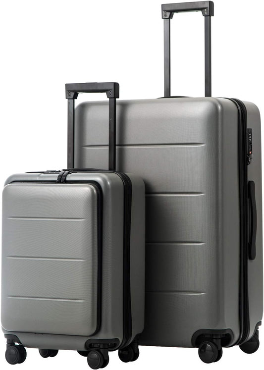 COOLIFE Luggage Suitcase Piece Set Carry On ABS+PC Spinner Trolley with pocket Compartmnet Weekend Bag(Titanium gray, 2-piece Set)