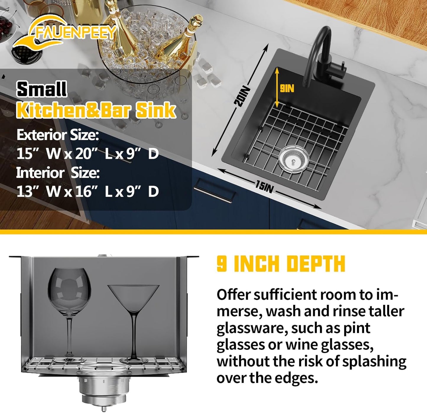 Small Black Kitchen Sink,15x20 Inch Stainless Steel Drop In Toprmount Kitchen&Bar Sink Ideal Choice For Small Space, Prep Area, RV With Bottom Grid,Soap Mat And Drain Assembly