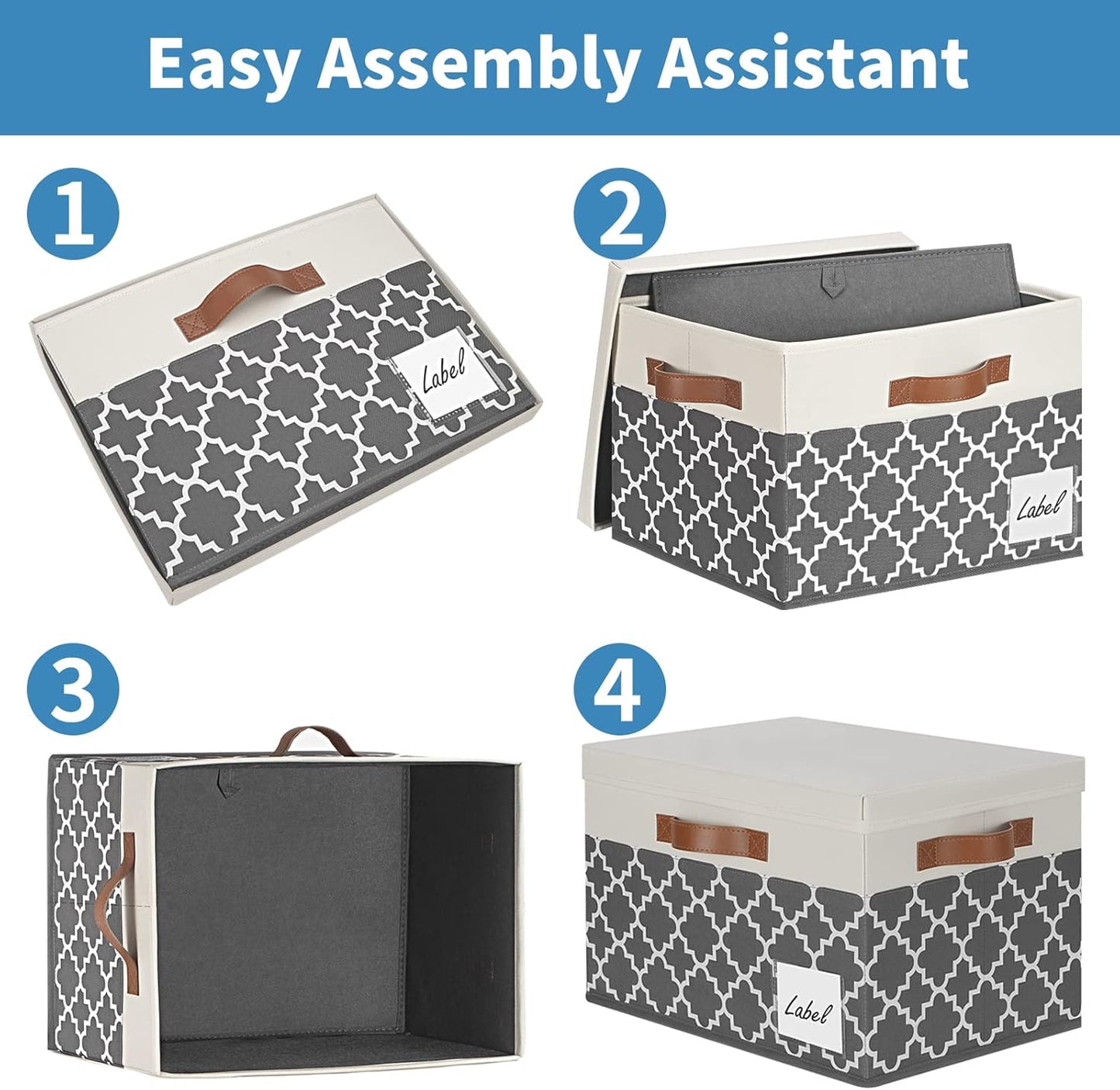 GhvyenntteS Extra Large Storage Bins with Lids, Foldable Fabric Storage Boxes with Lids and 3 Leather Handles, Storage Baskets with Label Window (6 Pack, Grey&Black, 15.75x11.8x10.2)