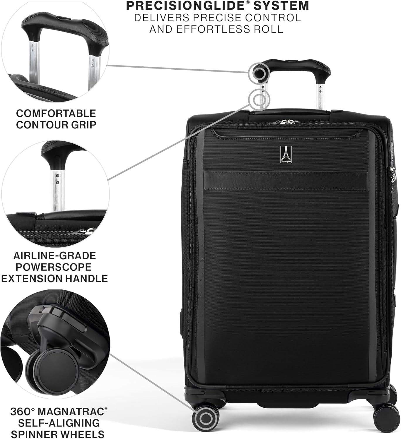 Travelpro VersaPack+ Lightweight Softside Expandable Checked Luggage, 8 Spinner Suitcase, TSA Lock, Men and Women, Checked Medium 25-Inch, Black