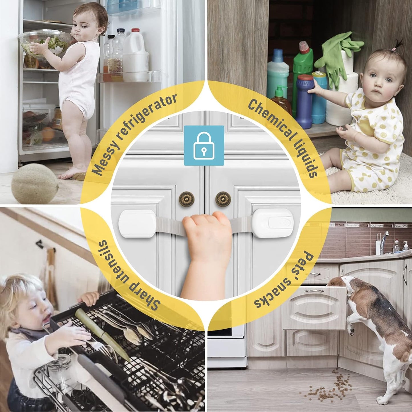4our Kiddies Child Safety Cabinet Locks for Babies (6 Pack), Child Proof Latches for Cabinets and Drawers Doors, Baby Proofing Cabinet Strap Locks for Cupboard and Closet with 6 Pcs Extra 3M Adhesives