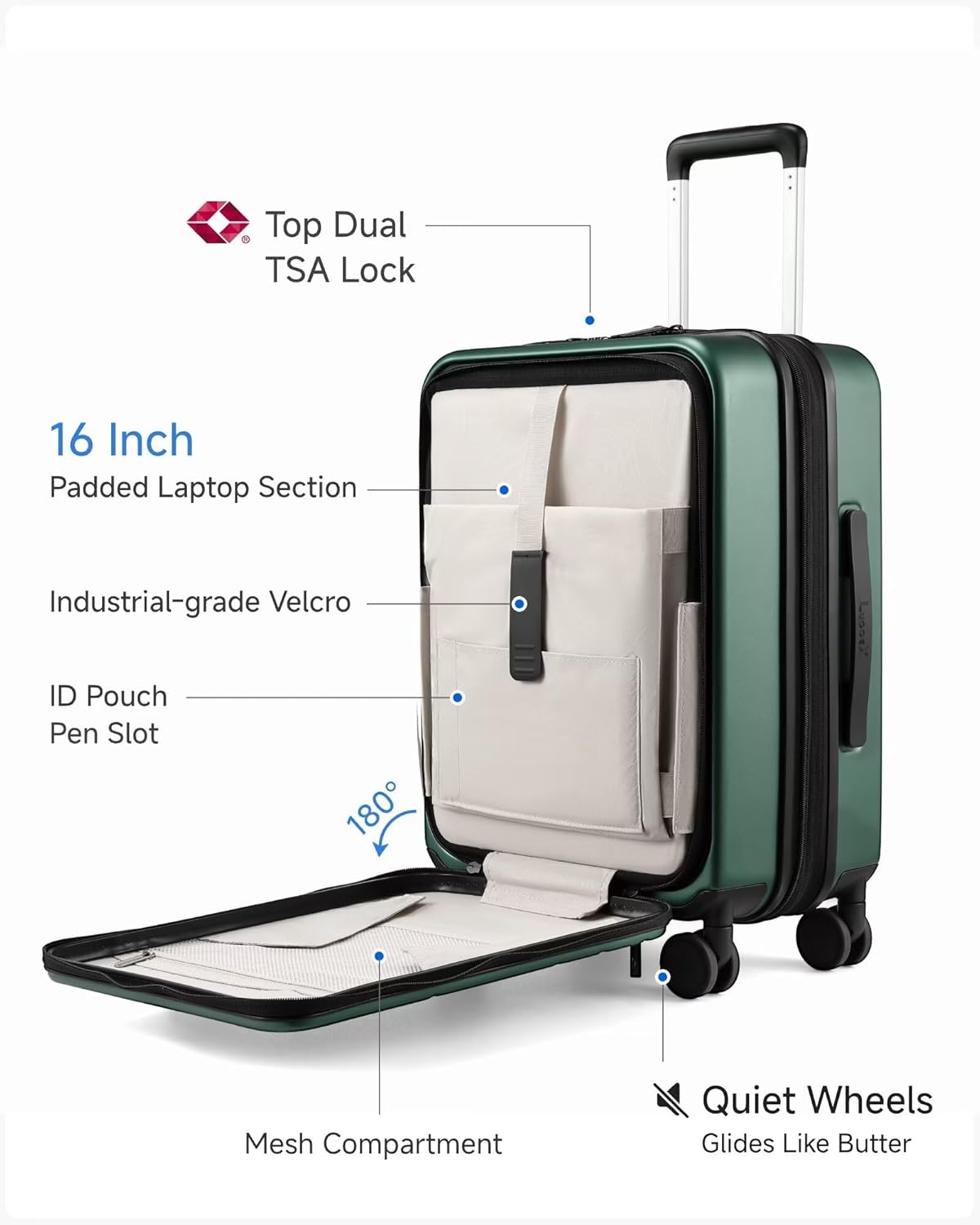 LUGGEX Carry On Luggage 22x14x9 Airline Approved, FLO5 Expandable Polycarbonate Suitcase with Front Pocket (FX-Core, Green, 20 Inch)