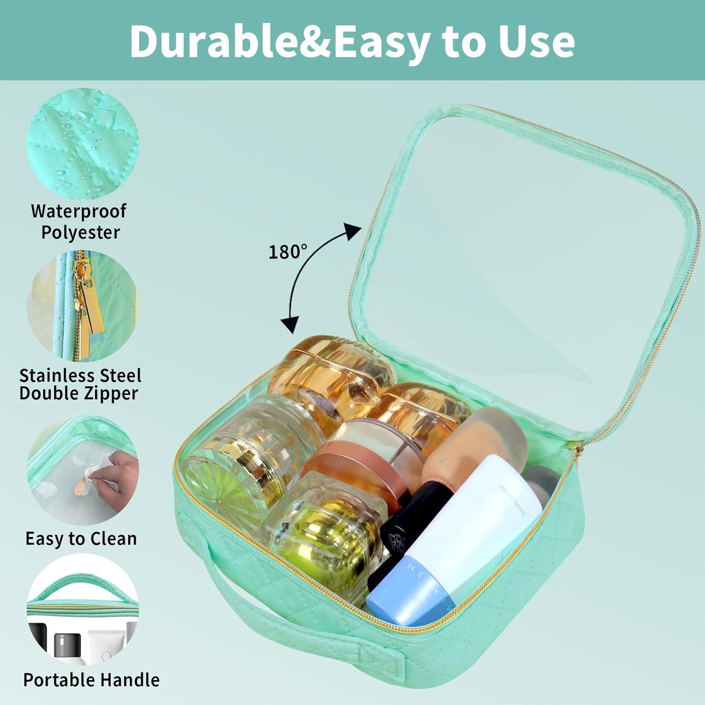 Travel Toiletry Bag,2 Pack Clear Makeup Bags with Handles,180°Opening Clear Cosmetic Bags for Traveling Women,Men,Travel Essentials,Green