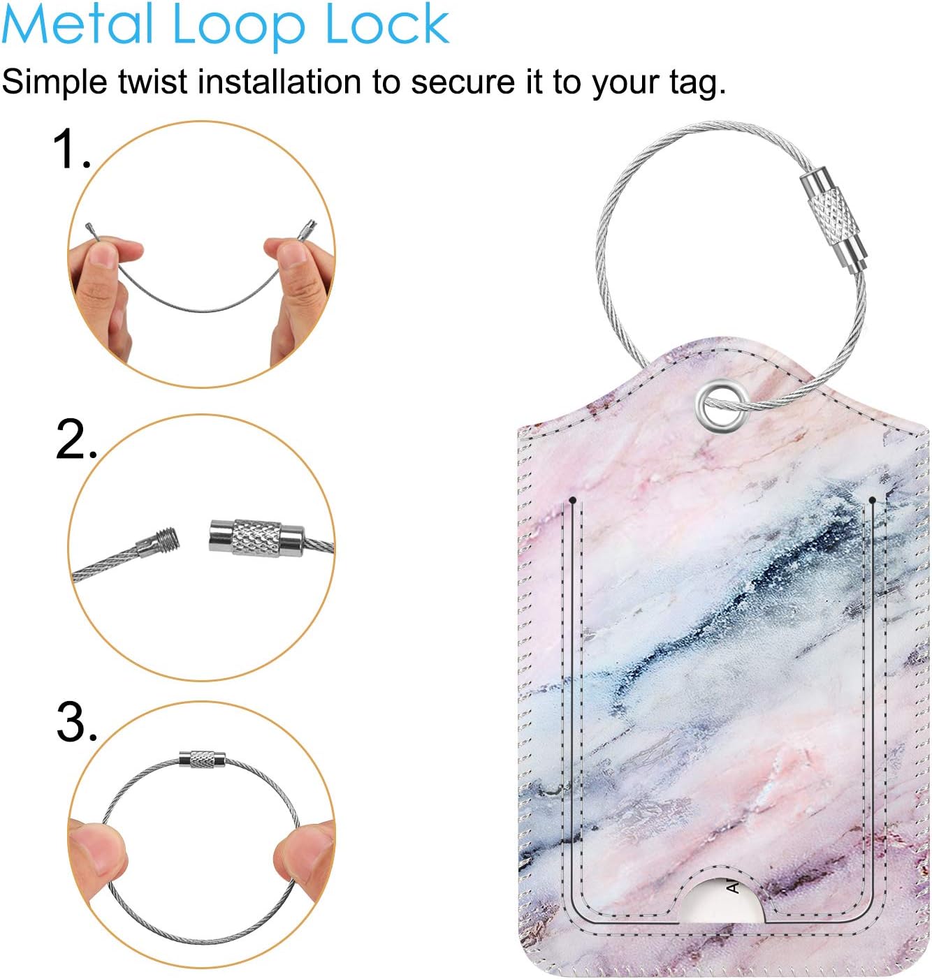 Fintie Luggage Tags, Privacy Cover ID Label with Stainless Steel Loop and Address Card for Travel Bag Suitcase - Marble Pink (2 Piece)