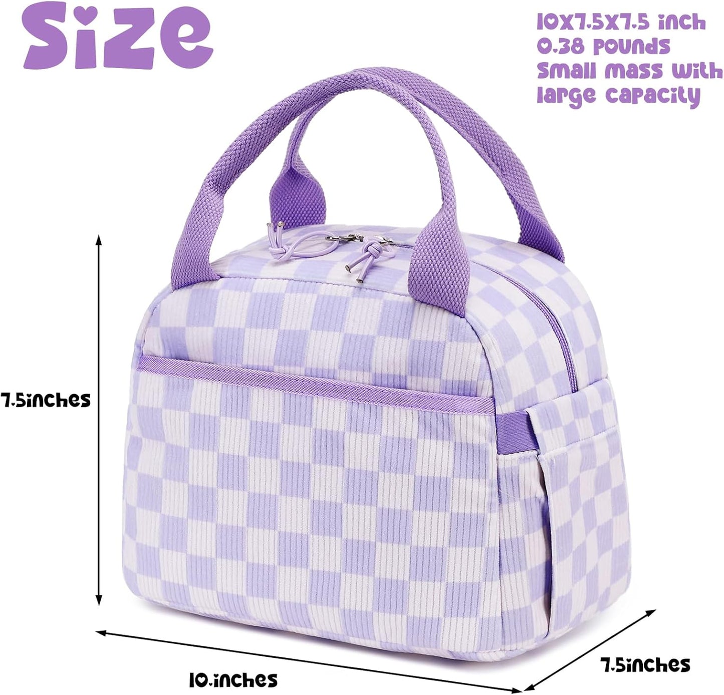 Bluboon Lunch Bag for Women Men Cute Corduroy Lunch Tote Bags Reusable Insulated Lunch Box Large Capacity Reusable Insulated Cooler for Work Picnic or Travel (Corduroy checkered purple)