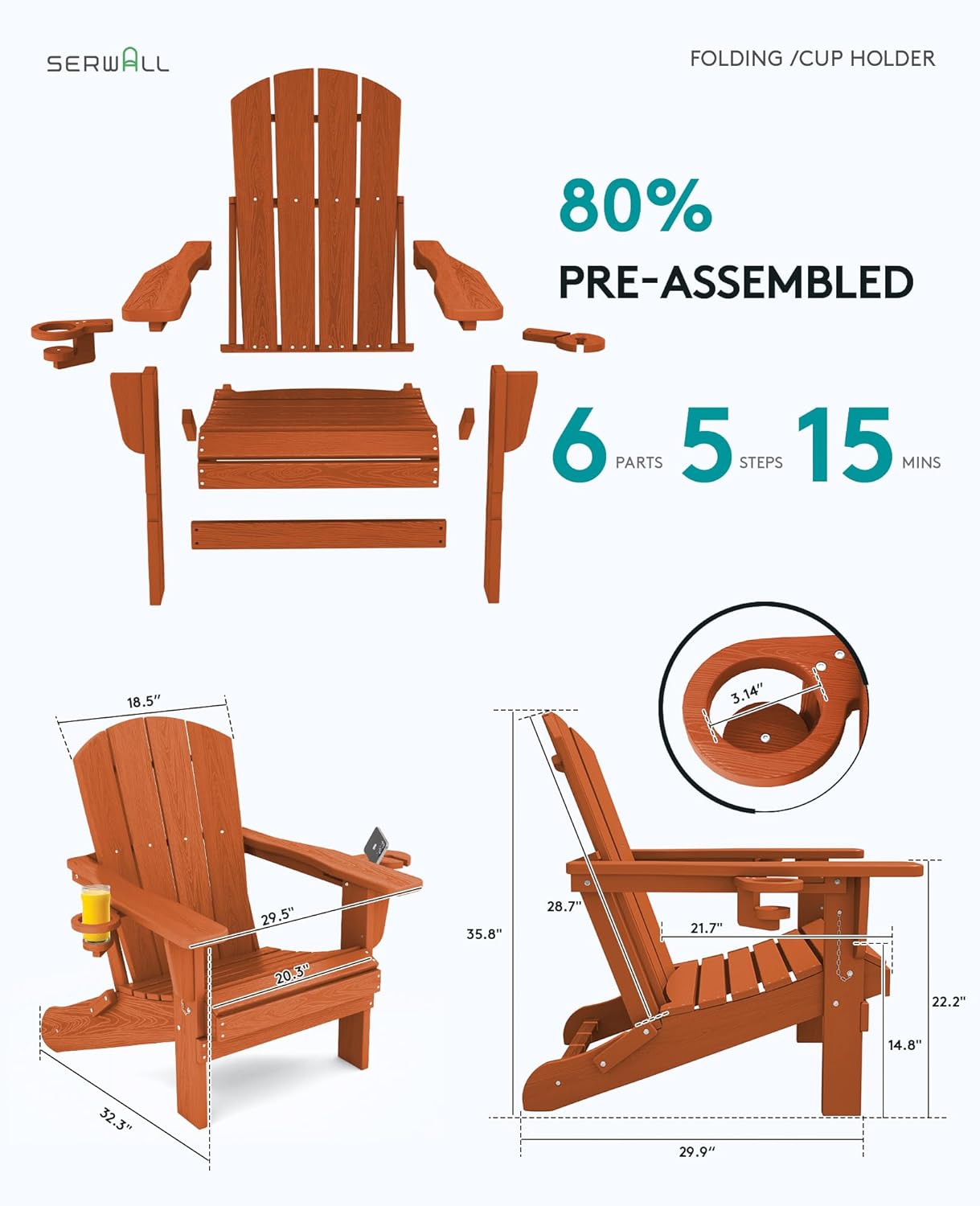 SERWALL Adirondack Chair with Cup Holders - Composite Adirondack Chairs Set of 2 HDPE Outdoor Chairs All Weather Use- Orange