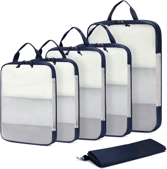 ECOHUB 6 Set Compression Packing Cubes, Lightweight Cruise Ship Vacation Travel Essentials, Durable Travel Accessories for Suitcase Luggage Organizer Bags Set with YKK Zippers Shoe Bag, Dark Blue