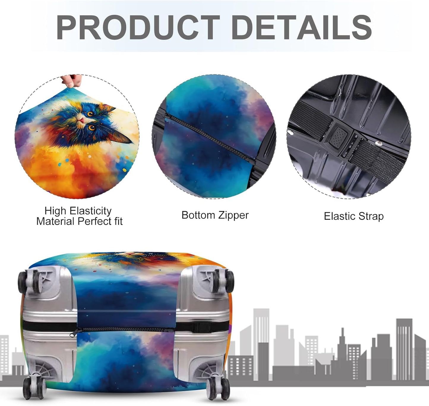 ANNA QUEEN Colorful Cat Luggage Cover, Artistic Blue Cat Design with Rainbow Colors, Stretchable, Washable Travel Sleeve for 24-26 Inch Suitcases