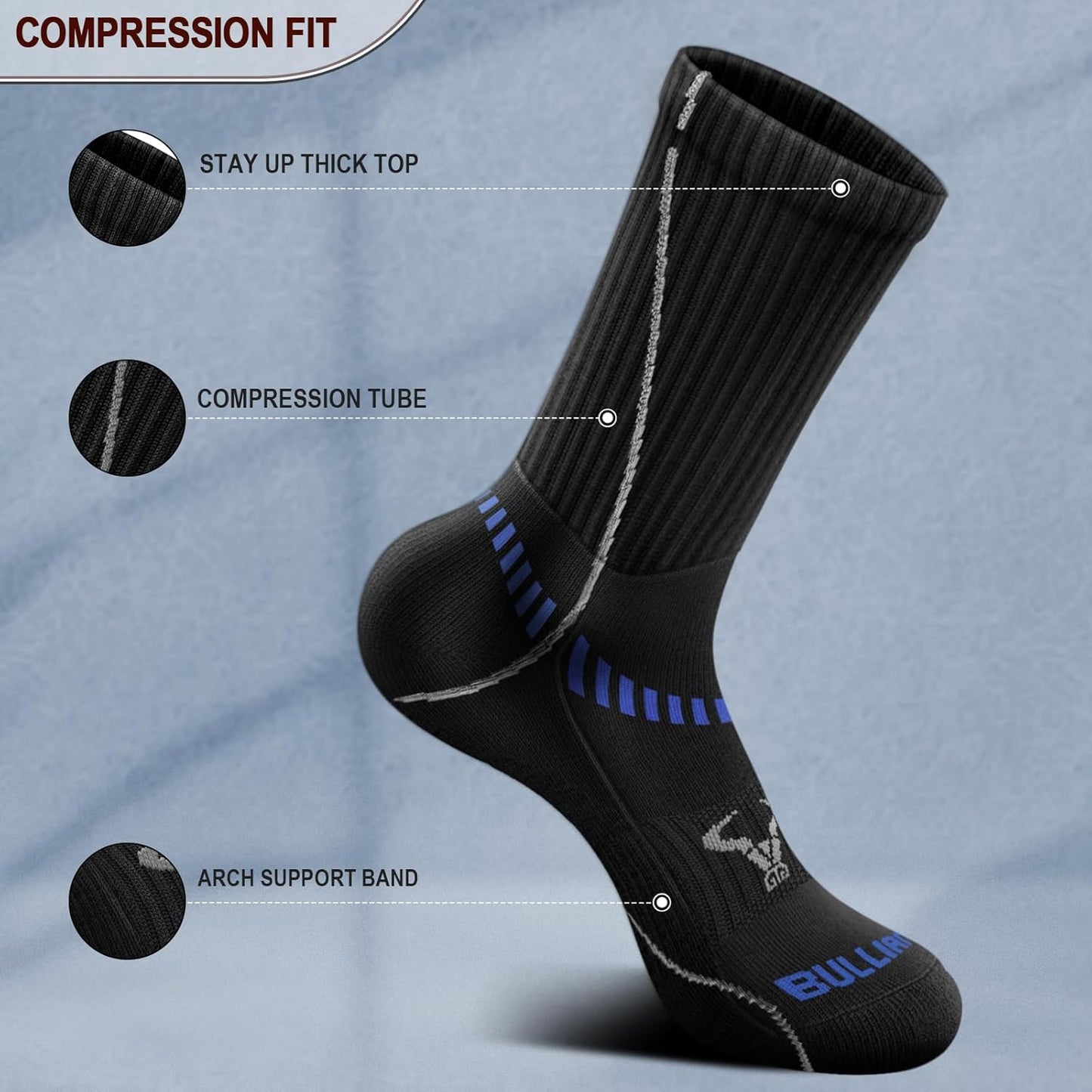 BULLIANT Compression Socks for Men 6Pairs, Athletic Crew Socks Cushioned For Men Sports Running-Arch Support