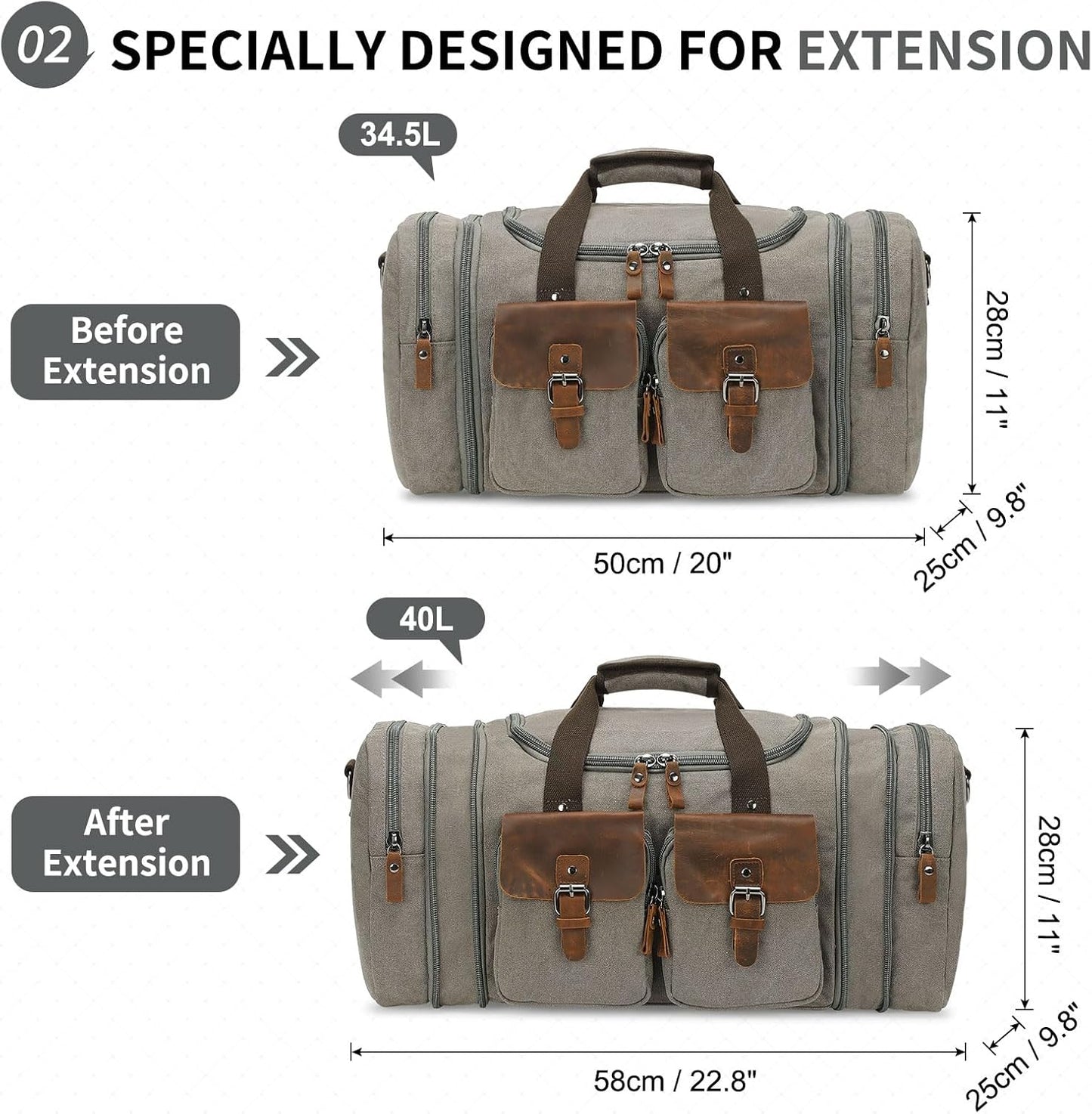 Canvas Duffle Bag with Genuine Leather Accents, Expandable 20-23 Inch Travel Weekender, Multiple Pockets, Gray