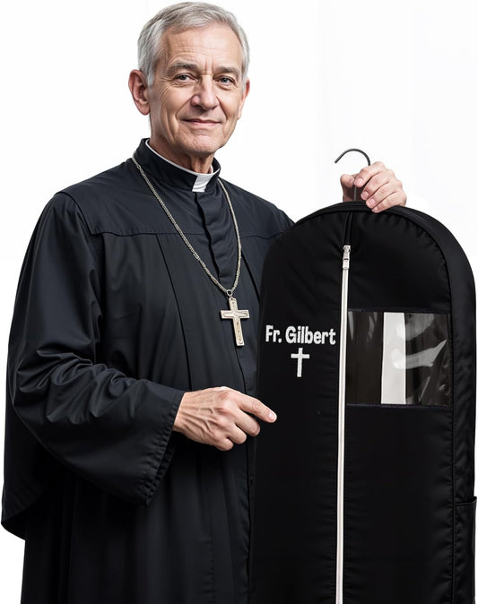 Personalized Garment bag for Hanging Clothes - Embroidered Name Garment Holder With 2 Mesh Pockets for Priest and Nun Robes - Ideal for Clergy Outfits, Uniform Cover Bag with Carry Handle - Black