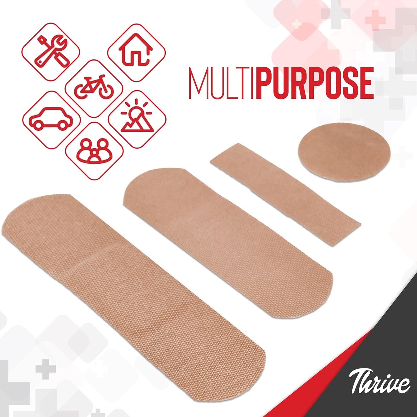 Thrive Adhesive Bandages (Pack of 305)- Multipack- Fabric with Storage Bag, Tough and Flexible Waterproof Bandages Variety Pack for Kids and Adults, Small, Medium, Large, and Circular Sizes Included