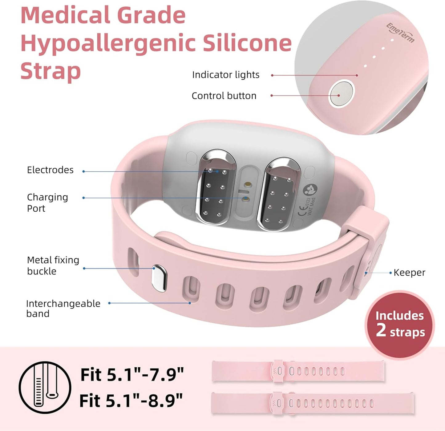 EmeTerm Fashion FDA-Cleared Relieve Nausea Electrode Stimulator Morning Sickness Motion Travel Sickness Vomit Relief Rechargeable No Gel Drug Free Wrist Bands Without Side Effects