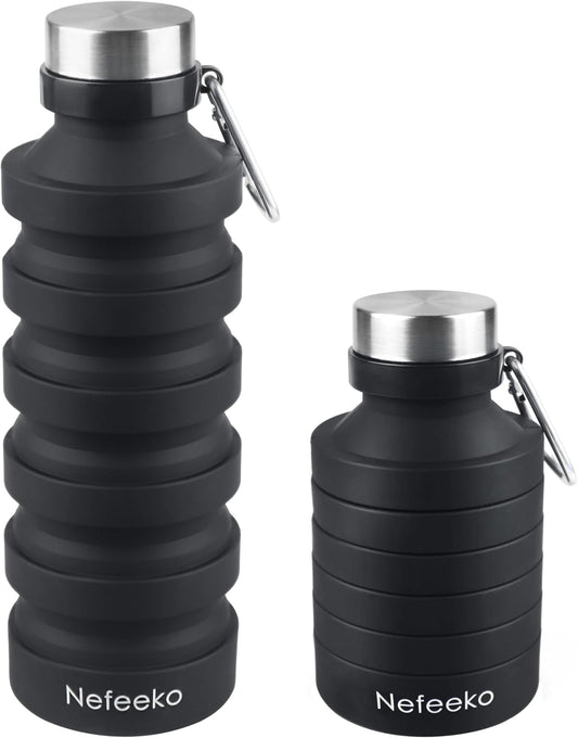 Nefeeko Collapsible Water Bottle, Reuseable BPA Free Silicone Foldable Water Bottles for Travel Gym Camping Hiking, Portable Leak Proof Sports Water Bottle with Carabiner