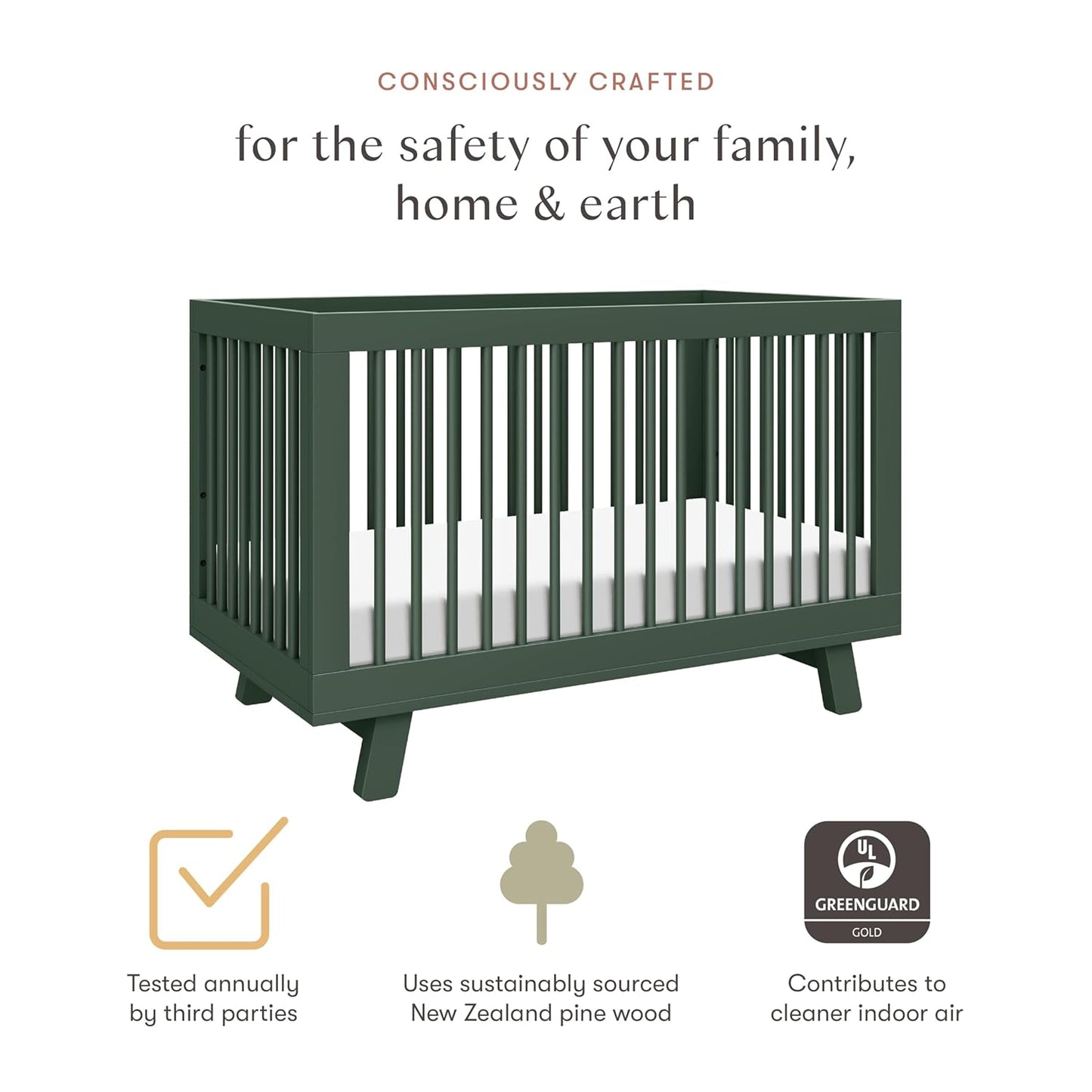 Babyletto Hudson 3-in-1 Convertible Baby Crib with Toddler Bed & Daybed Conversion - Strong, Durable, and Easy to Assemble - GREENGUARD Gold Certified w/ 4 Adjustable Mattress Heights - Forest Green