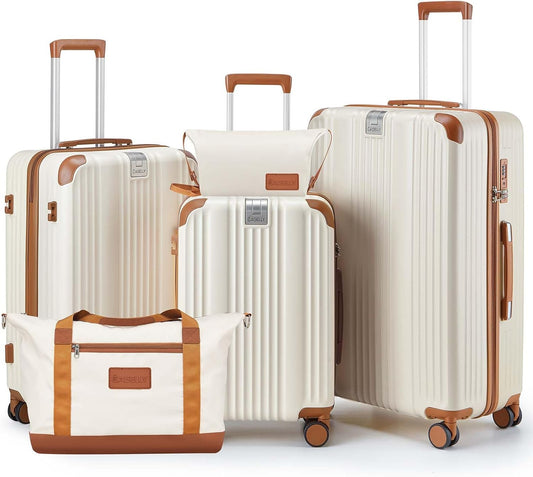 Luggage Set 3 Piece Luggage with PC+ABS Hardshell TSA Lock Spinner Wheels Carry on Lightweight Suitcase,Cup Holder,YKK Zippers (Beige, 5 piece sets(20/24/28/DB/TB))