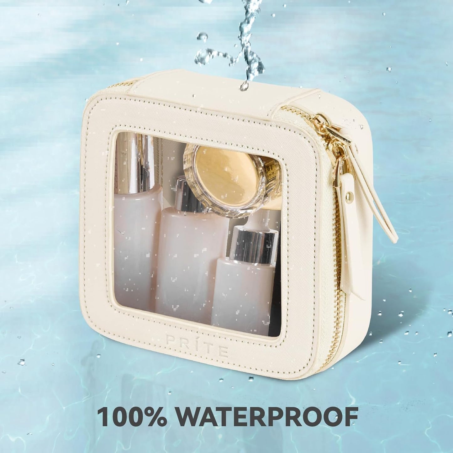 Prite Small Makeup Bag for Women Portable Clear Makeup Bag Cute Mini Waterproof Travel Cosmetic Bag with Gold Zipper for Car Essentials(Beige)