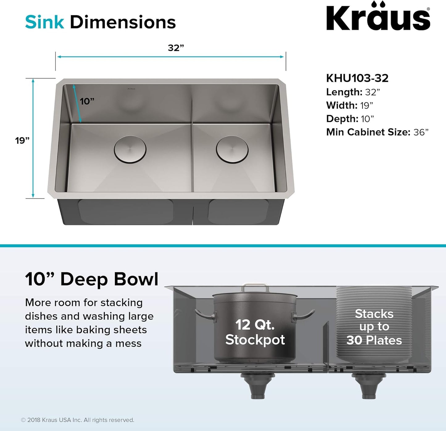 KRAUS Standart PRO™ 32-inch 16 Gauge Undermount 60/40 Double Bowl Stainless Steel Kitchen Combo with WasteGuard™ Continuous Feed Garbage Disposal, KHU103-32-100-75MB