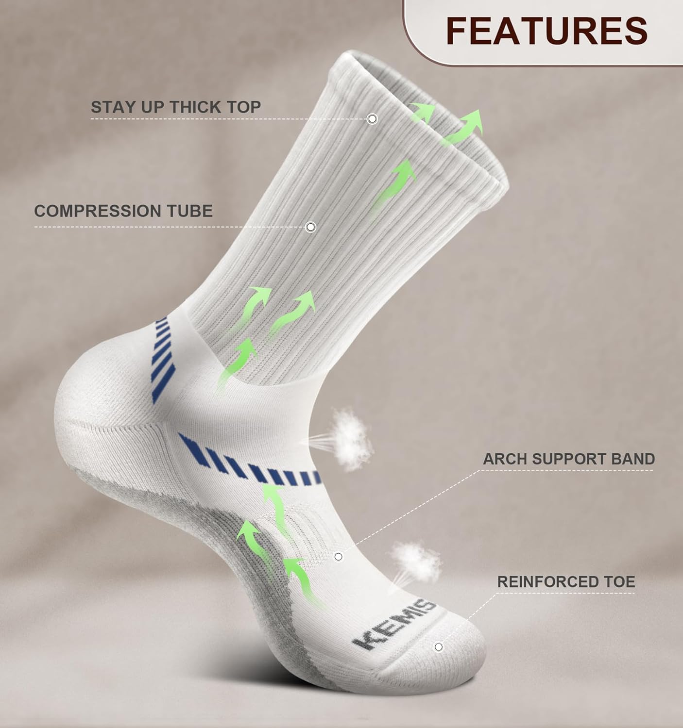 BULLIANT Compression Socks for Men 6Pairs, Athletic Crew Socks Cushioned For Men Sports Running-Arch Support