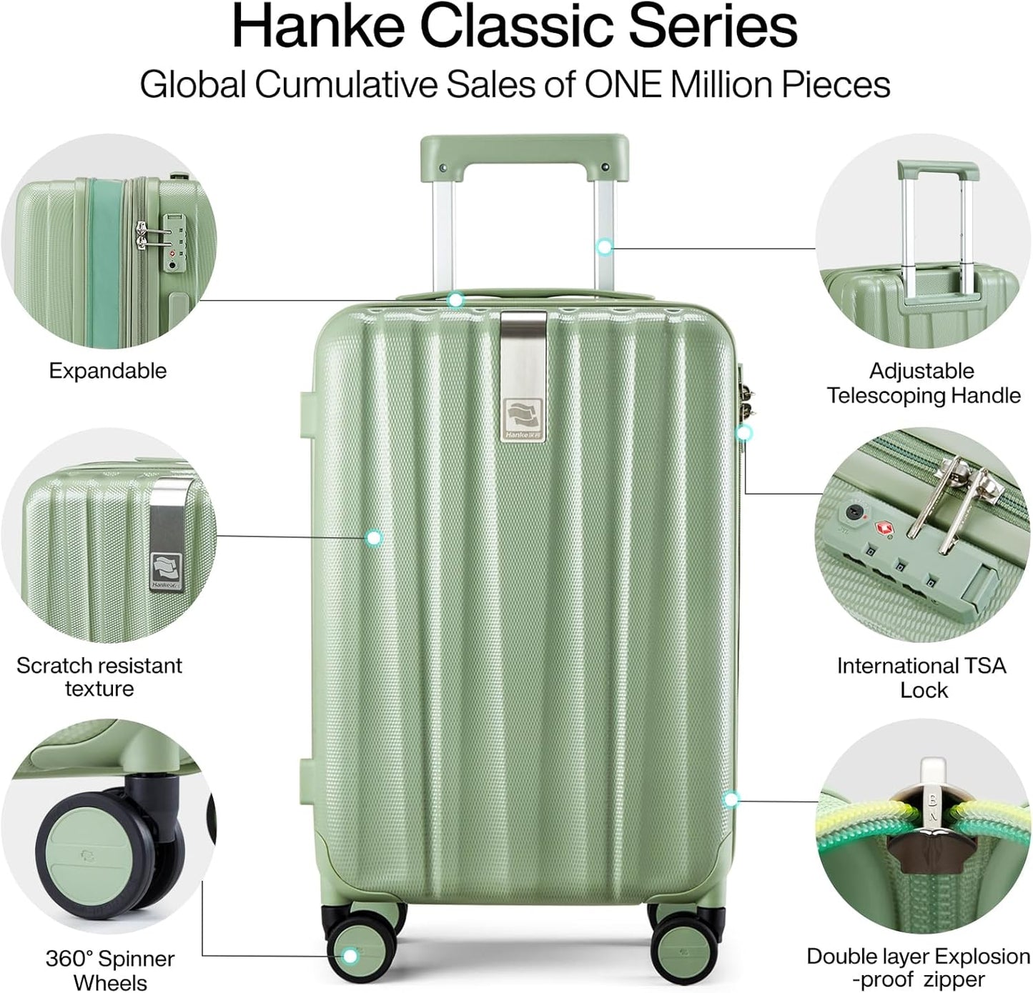 Hanke 24 Inch Expandable Checked Luggage Lightweight PC Hard Shell Luggage Suitcases with Wheels Travel Luggage Rolling Large Suitcase Travel Luggage Bag for Go to University.(Bamboo Green)