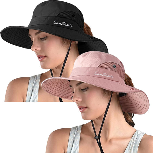 ZOORON Women's Ponytail Safari Sun Hat,Wide Brim UV Protection Outdoor Bucket Hat,Foldable Beach Summer Fishing Hat