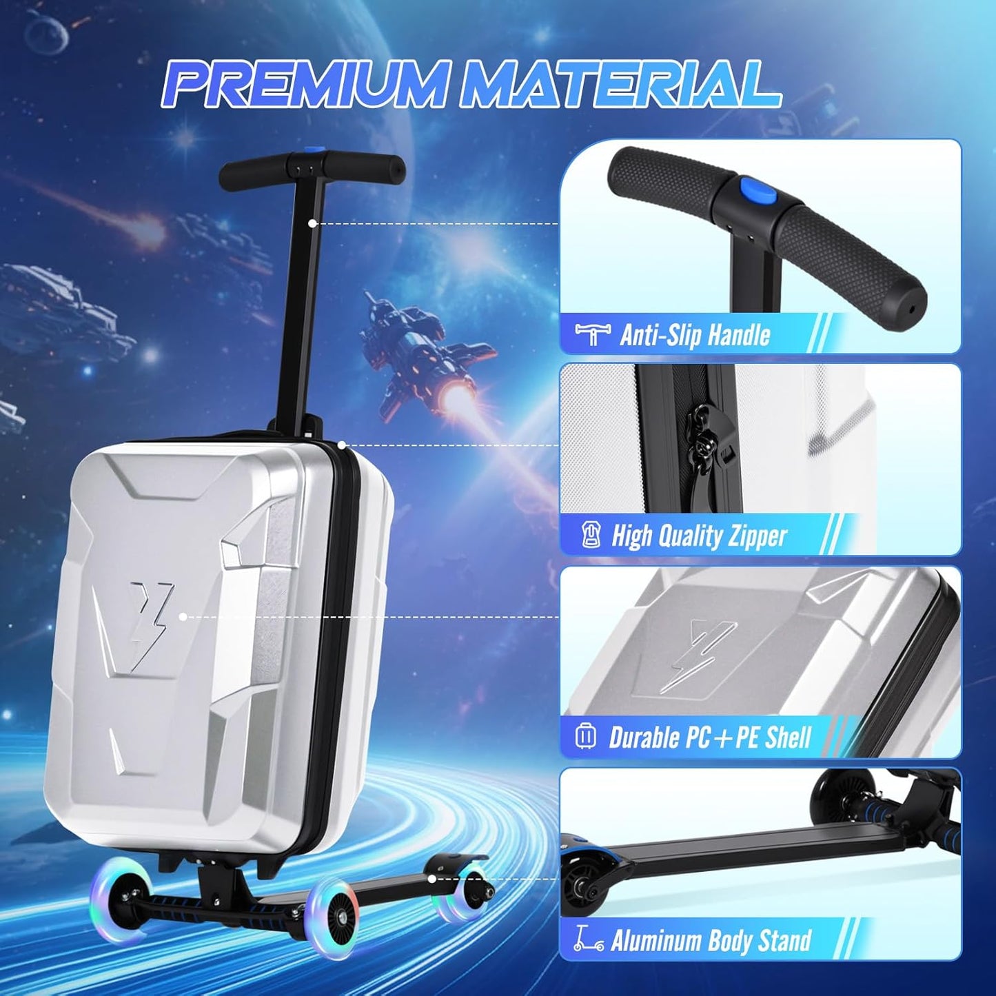 Scooter Suitcase for Kids & Adults, Foldable Carry On Travel Luggage, Hardside Ride on Scooter Suitcase with LED Light up Wheels，Silver