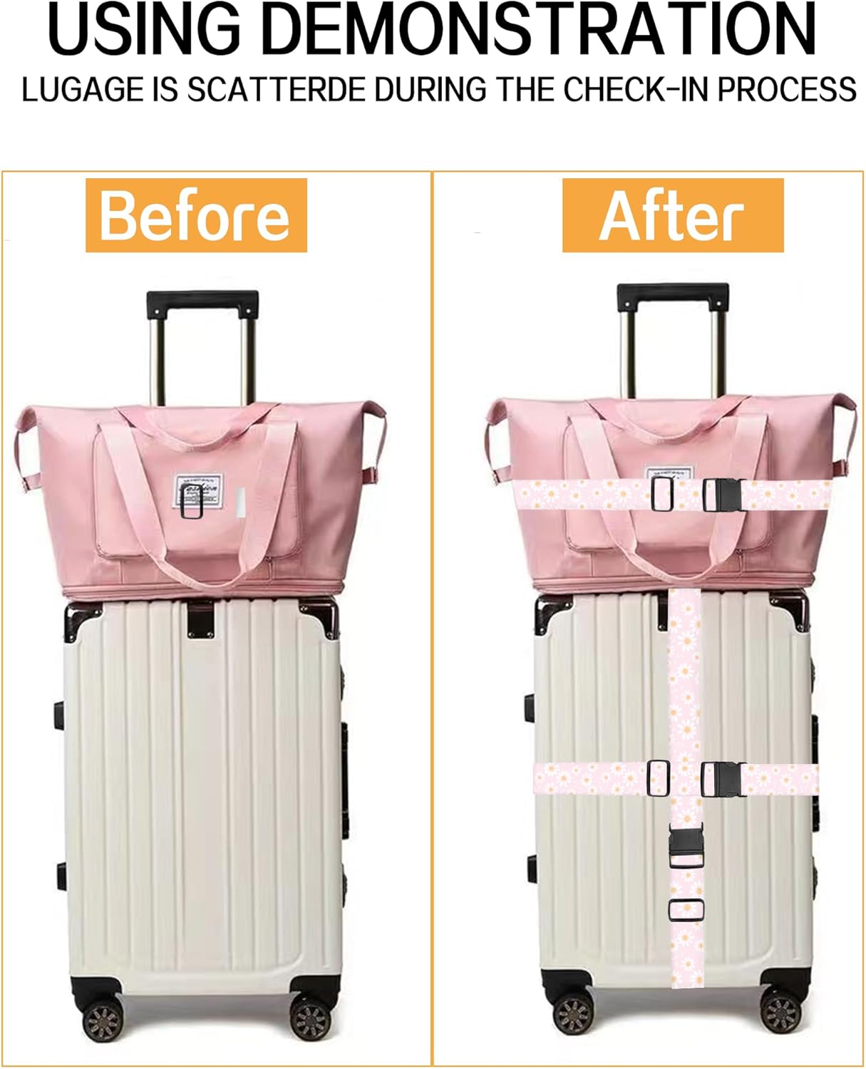Luggage Straps for Suitcases, Adjustable Travel Belt, Durable Wide Luggage Strap, Cute Suitcase Strap Identifiers with Buckle, Bag Straps for Luggage, Cute Pink Daisy