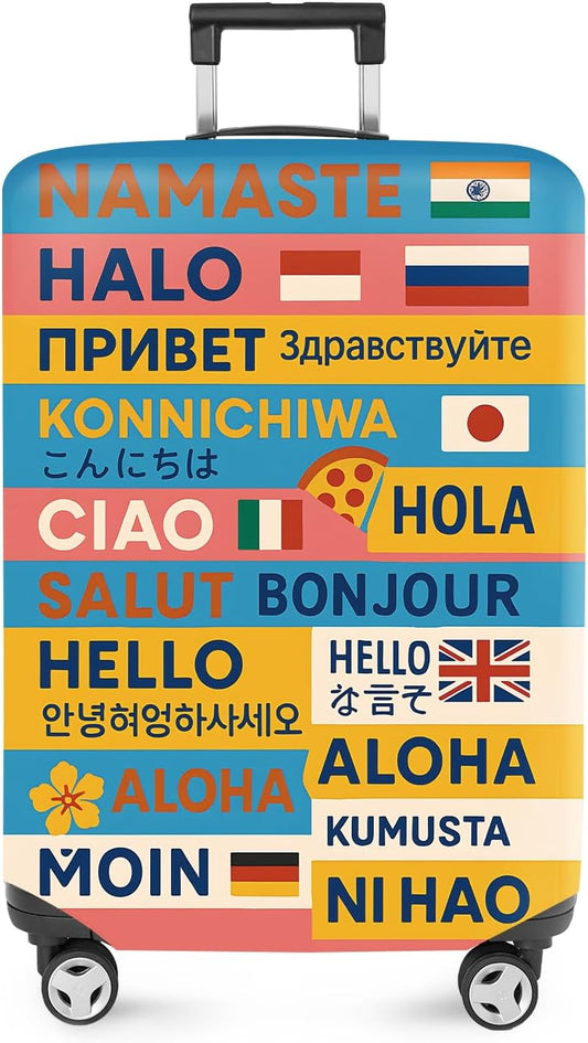 ANNA QUEEN Funny Multilingual Greetings Luggage Cover, Suitcase Protector with Hello in 15+ Languages, Stretchable, Washable Travel Cover for 20-22 Inch Luggage